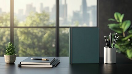 Fototapeta premium Emerald green notebook on a dark charcoal office desk