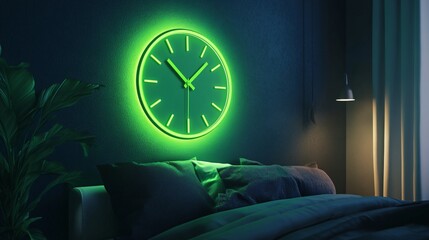 Glowing neon green clock on a dark charcoal bedroom wall