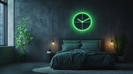 Glowing neon green clock on a dark charcoal bedroom wall