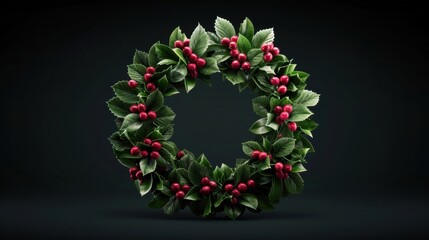 A wreath of red berries is displayed on a black background. The wreath is circular and has a lot of berries on it. The berries are red and green