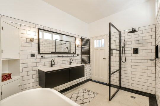 Modern bathroom with elegant black and white design