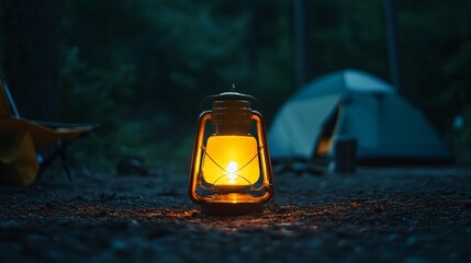 Glowing yellow lantern on a dark charcoal camping site
