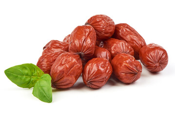 Mini Sausages, Dry Smoked Salami, isolated on white background.