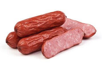 Smoked dried sausages, isolated on white background.