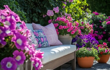Cozy Outdoor Seating Area with Vibrant Flowers