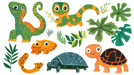 Obraz premium A set of cute wild animals, including a snake, chameleon, and turtle, in a flat vector illustration of Safari jungle animals. --ar 16:9 --v 6.1 Job ID: 8c503ff1-0447-4c60-abf2-fb5a68170c92