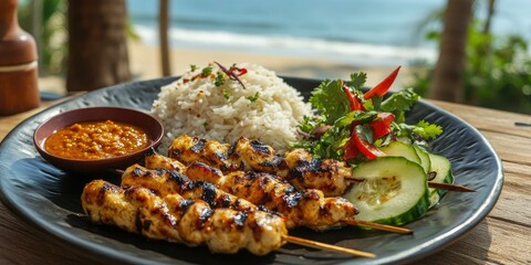 Fototapeta premium Grilled chicken skewers, rice, salad and dipping sauce.