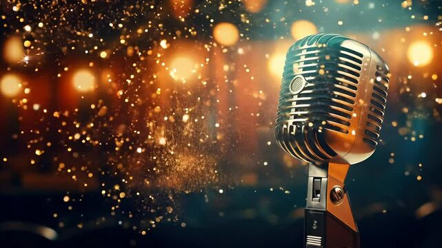 Retro audio microphone on stage, blurred lights background	
