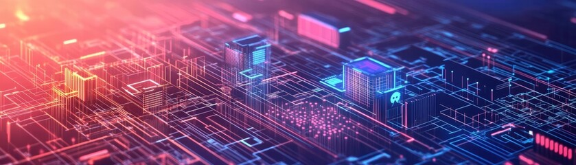 Illustration of a futuristic city where economic policy drives innovation, represented by digital blueprints and tech symbols