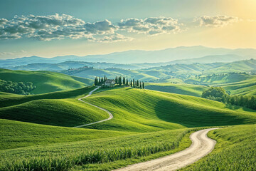 Obraz premium Scenic view of a winding road through green rolling hills with a farmhouse under a cloudy sky