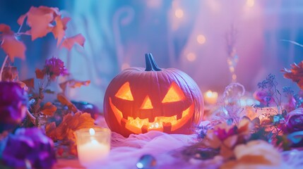Softly lit pastel Halloween scene with a creatively carved pumpkin centerpiece