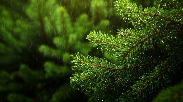 Close-up view of rain-soaked pine trees in a dense forest, with droplets glistening on needles, evoking a sense of fresh, cool air
