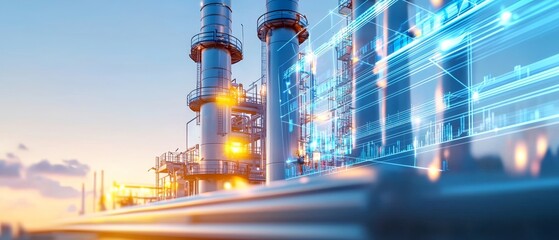 Holographic data overlays, oil plant at dusk, blue and white technology lines, futuristic energy sector, digital illustration