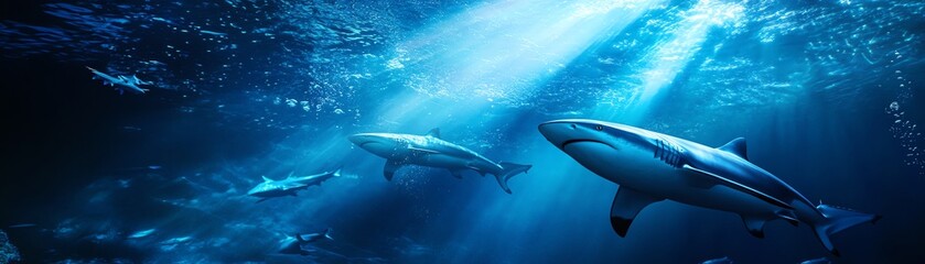 Fototapeta premium Underwater scene with swimming sharks, blue tones, light rays filtering through, dynamic composition, wide shot
