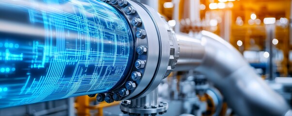 Fototapeta premium Industrial oil production, blue holographic data lines, white futuristic overlays, digital energy visualization, modern tech