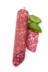 Italian sausage. Tasty dried sausage, close-up, isolated on white background.