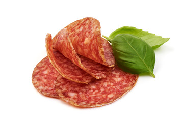 Traditional white salami sausage slices, isolated on white background.