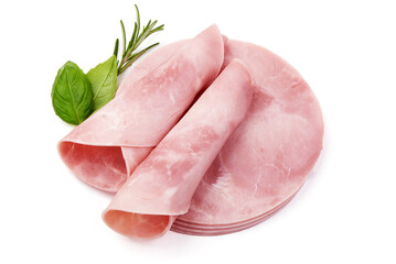 Twisted salami slices, isolated on white background.