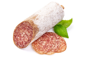 Traditional white salami sausage, isolated on white background.