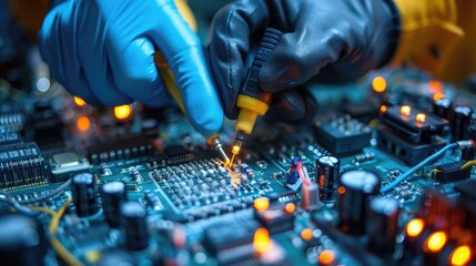 A close-up of gloved hands meticulously soldering electronic components on a circuit board, highlighting the precision and expertise required in electronics assembly and repair.
