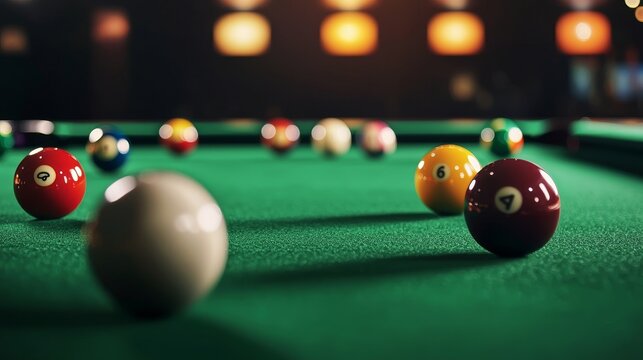 Patterned background of billiard balls, green felt surface, flat design illustration