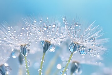 Dandelion Seeds with Water Droplets Against Soft Blue Background