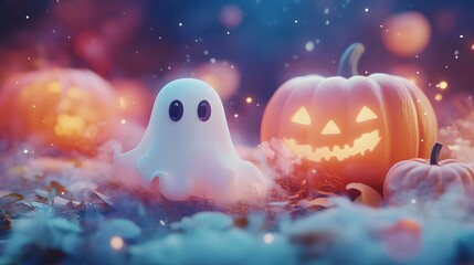 Fototapeta premium Friendly ghost floating over softly glowing pumpkins in muted pastels