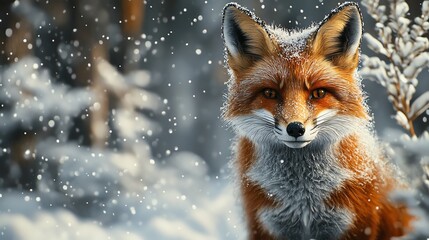 Obraz premium A beautiful red fox standing gracefully in a snowy landscape, surrounded by falling snowflakes, showcasing its natural elegance.