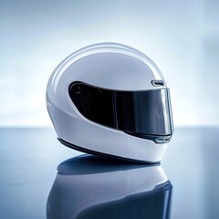 A sleek white motorcycle helmet with a reflective visor on a reflective surface.
