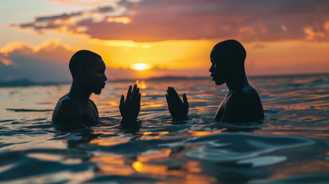 Baptism photo showing two black men praying in the water as the sun sets.