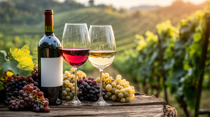 red wine and grapes, wineyard background, warm light