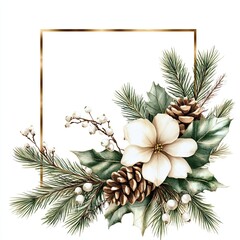 Fototapeta premium Elegant Christmas Floral Frame with Pinecones, Beautiful holiday floral arrangement featuring white flowers, pinecones, and evergreen branches, arranged in an elegant frame for festive decoration.