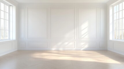 Fototapeta premium A large, empty room with white walls and wooden floors. The room is very bright and airy, with sunlight streaming in through the windows. The space is open and uncluttered, giving it a clean