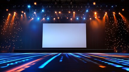 Empty Event Stage with Expansive Blank Projection Screen and Professional Design for Business Presentations