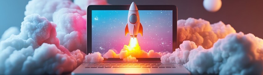 Rocket Launching from Laptop Screen Surrounded by Clouds in a Dreamy Fantasy Setting