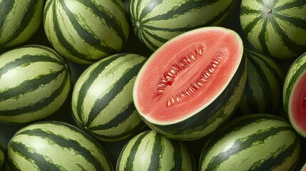 Fresh watermelons with vibrant green stripes and juicy red interior evoke sense of summer delight. 