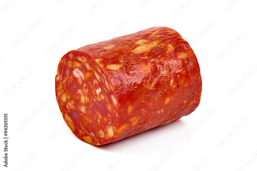 Wall mural Spanish pork chorizo sausage slices, close-up, isolated on white background.