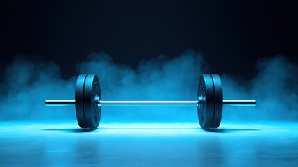 A barbell rests on misty surface, illuminated by cool blue light, evoking sense of strength and determination. 