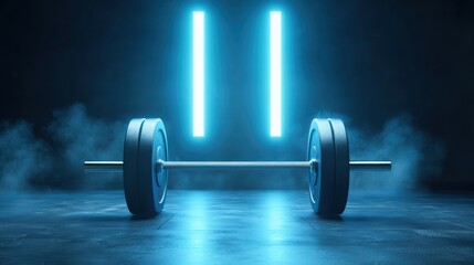 A barbell rests on dark gym floor, illuminated by blue lights, creating dramatic atmosphere. scene conveys strength and determination. 