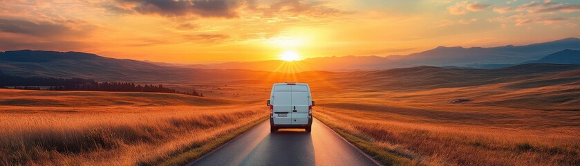 Obraz premium Van Driving on Scenic Road at Sunset with Golden Fields and Mountains in the Background