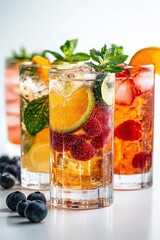 Refreshing Summer Cocktails with Fresh Fruits and Mint Leaves in Tall Glasses on a White Background