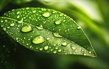 Close-up of Water Droplets on a Fresh Green Leaf