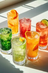 Colorful Assortment of Refreshing Summer Cocktails in Sunlight on White Surface