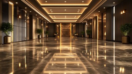 Obraz premium Luxurious Empty Banquet Hall with Reflective Marble Floors, Sleek Modern Decor, and Customizable Lighting
