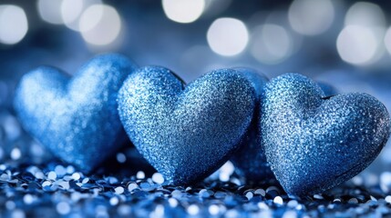 Sparkling blue hearts bokeh background for romantic setting