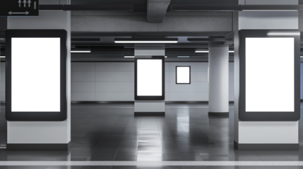 A large empty space with three white billboards in the middle Mockups, Transparent PNG