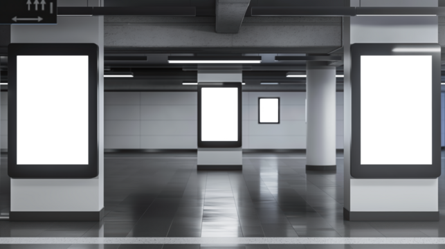 A large empty space with three white billboards in the middle Mockups, Transparent PNG