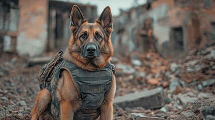Fototapeta premium images of a military dog wearing tactical gear amidst the ruins of a war-torn area.