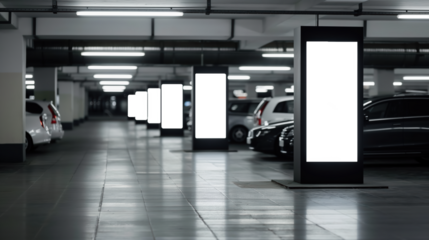 A parking lot with a row of white signs Mockups, Transparent PNG