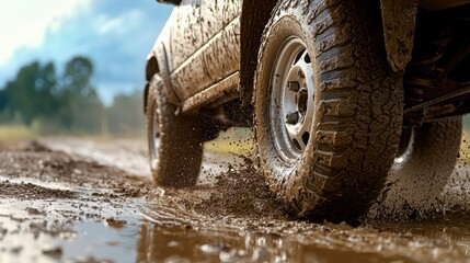 Muddy tire splashing through wet dirt road, showcasing ruggedness of off road driving. image conveys sense of adventure and excitement. 